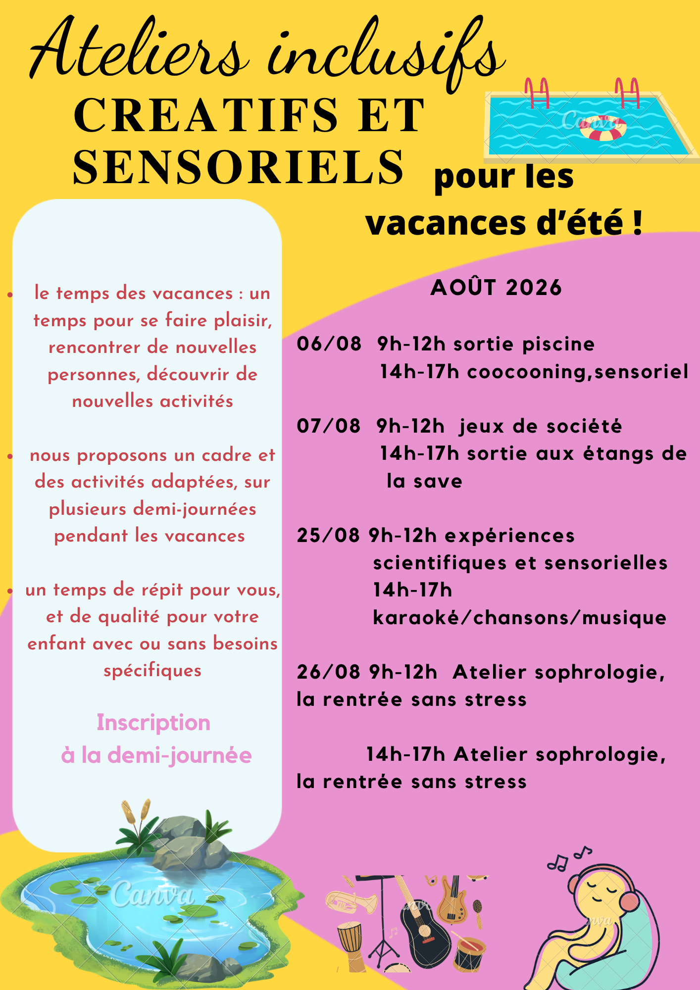 Programme des ateliers — Août 2026 : sortie piscine, cocooning sensoriel, jeux de société, étangs de la Save, expériences scientifiques, karaoké et ateliers sophrologie.